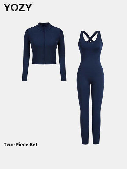 Zip up Crop Top & Cut Out Overalls Jumpsuit Two-Piece Set